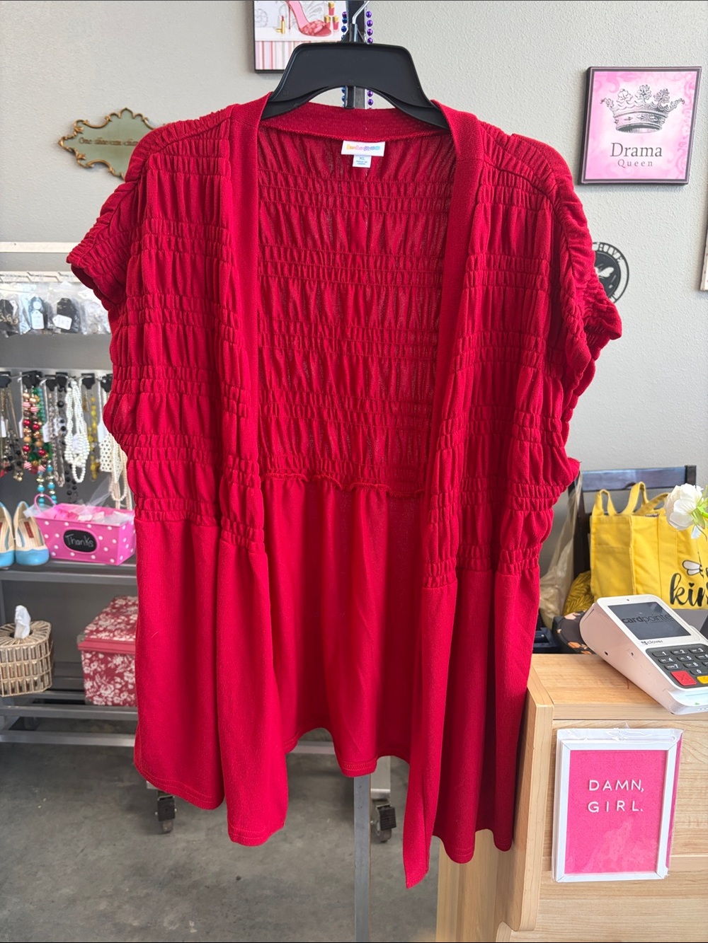 Red Smocked Open-Front Women's Top